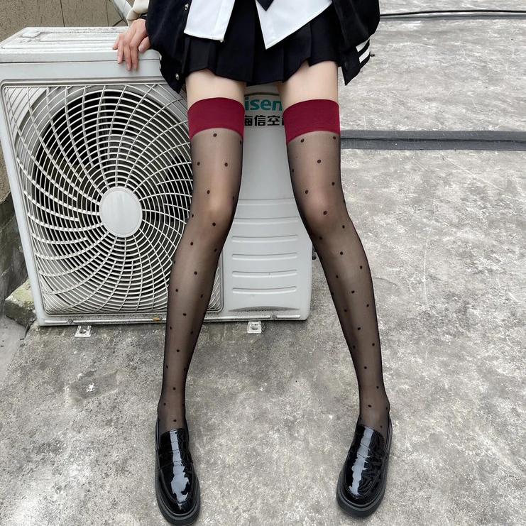 Bas transparents College à pois pour femmes, bas de cuisse hauts, bas en nylon Lolita mignons, chaussettes longues de princesse Cosplay pour filles