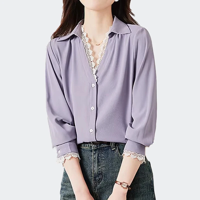 

2025 Fashion Lace Stitching Women's long-sleeved Shirt Elegant Purple Tops Casual Ladies Outwear White Blouses