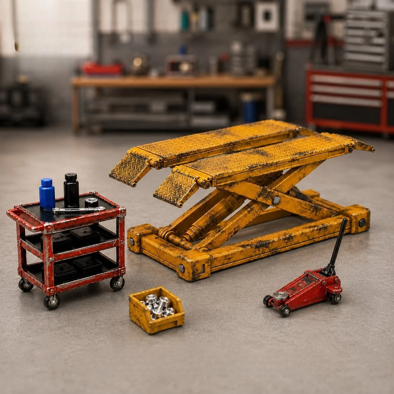 1: 64 Diorama Car Model Repair Tool Set Garage Scene Scissor Lift Kit Model Accessories Workshop Car Repair Prop Model