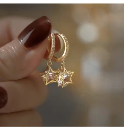 LIVVY Silver Color Star Pendant Jewelry Round Shape Zircon Cute Trendy Style Earrings For Women Girlfriend Fashion Wedding Gift