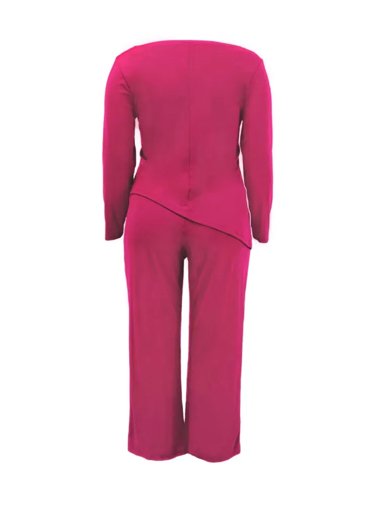 Grande taille printemps été 2 deux pièces ensemble femmes mode irrégulière décontracté à manches longues dames Blouses jambe large femme pantalon ample