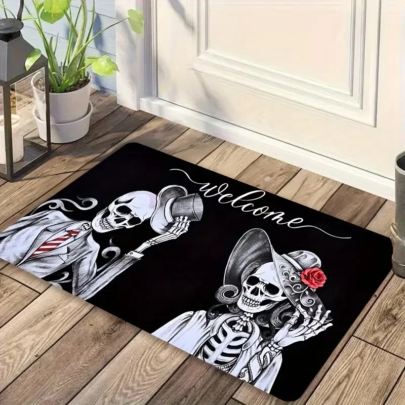 Skull Skeleton Welcome Carpet Front Door Mat Gothic Horror Style Pattern Entry Rug for Halloween Indoor Outdoor Entrance Home