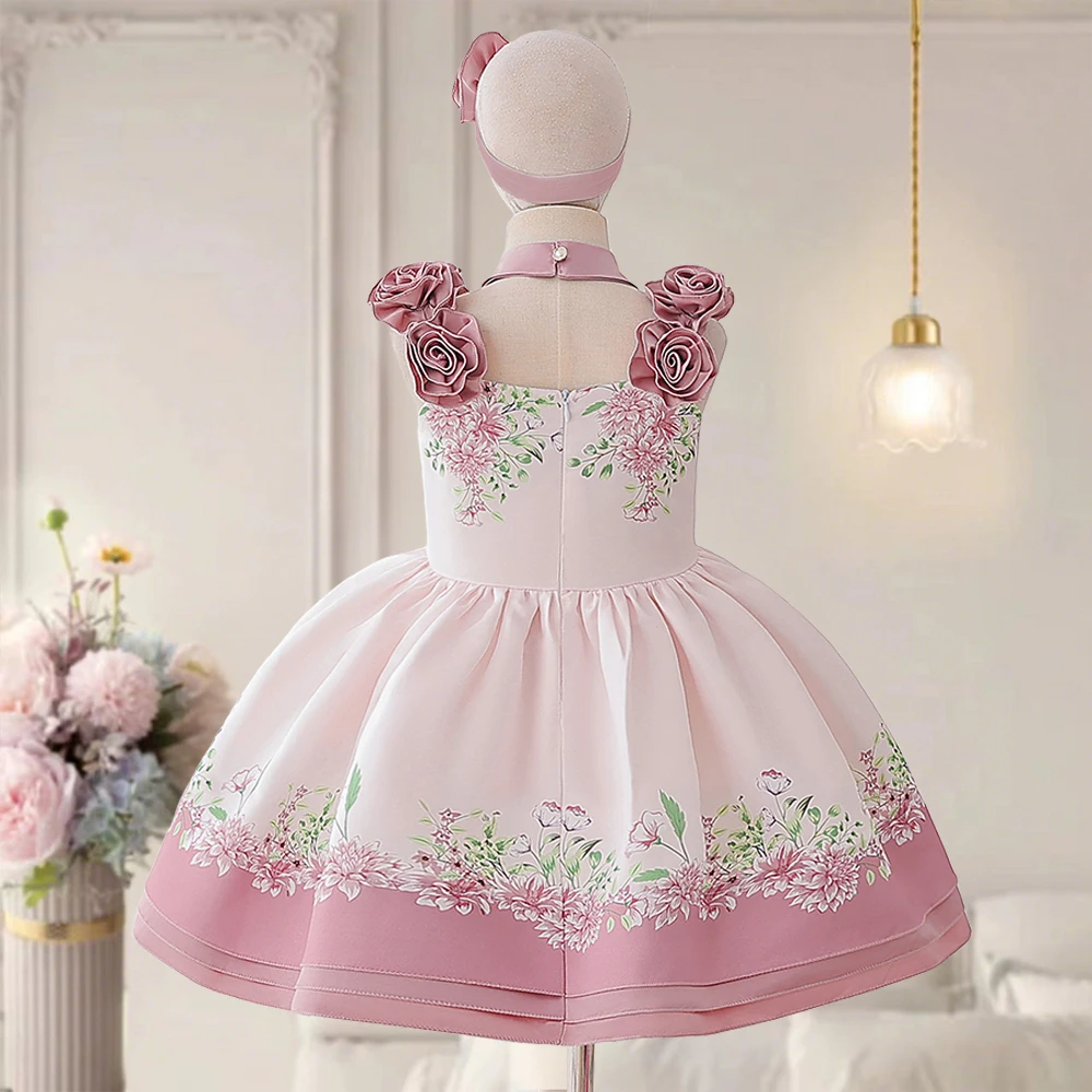 Fashion Flower Print Bridesmaids Party Girls Dress Elegant Tulle Birthday Princess Dresses Girl Wedding Baptism Evening Vestidos