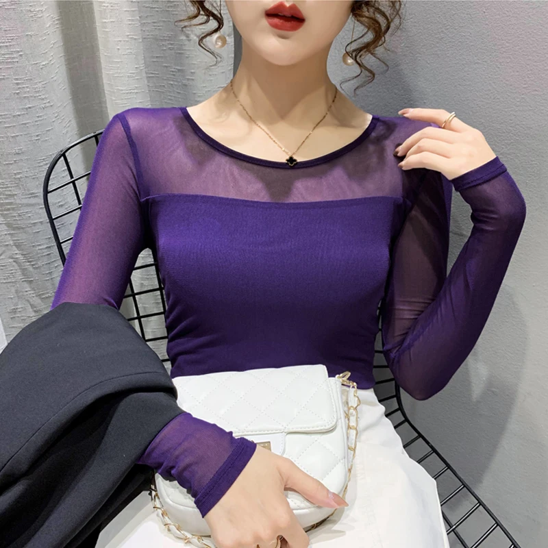 Autumn Winter Round Neck T shirt Women Sexy Mesh Bottoming Shirt Long Sleeve Solid Color Slim Fit Long Sleeve Casual Tops