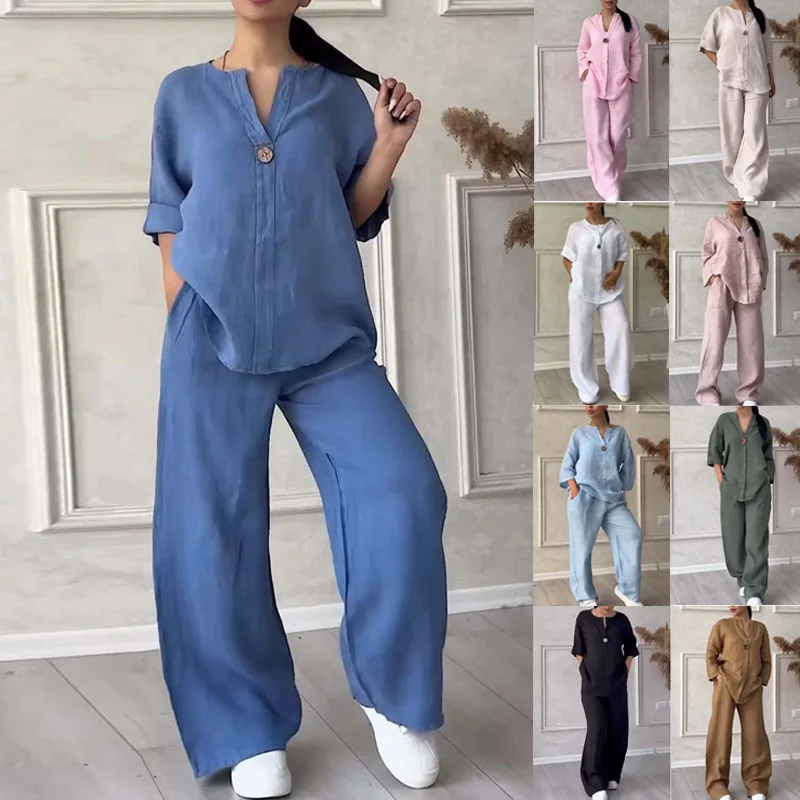 

New Women's Cotton and Linen 2-piece Set V-neck Button Long-sleeved Shirt High Waist Trousers Pink Fashion Street Black Pant Set