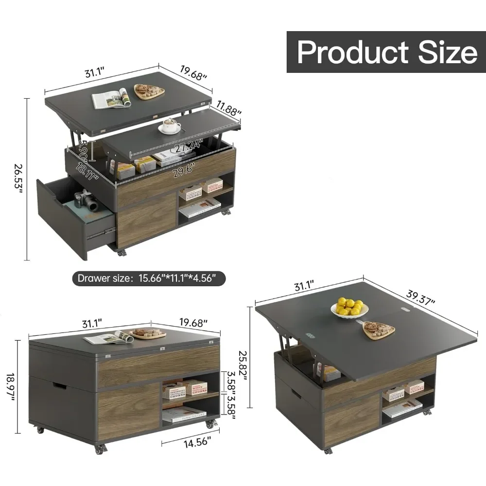 Lift-Top-Couchtisch mit verstecktem Ablagefach, 3-in-1-Mitteltische mit Rollen, multifunktionaler klappbarer Esstisch