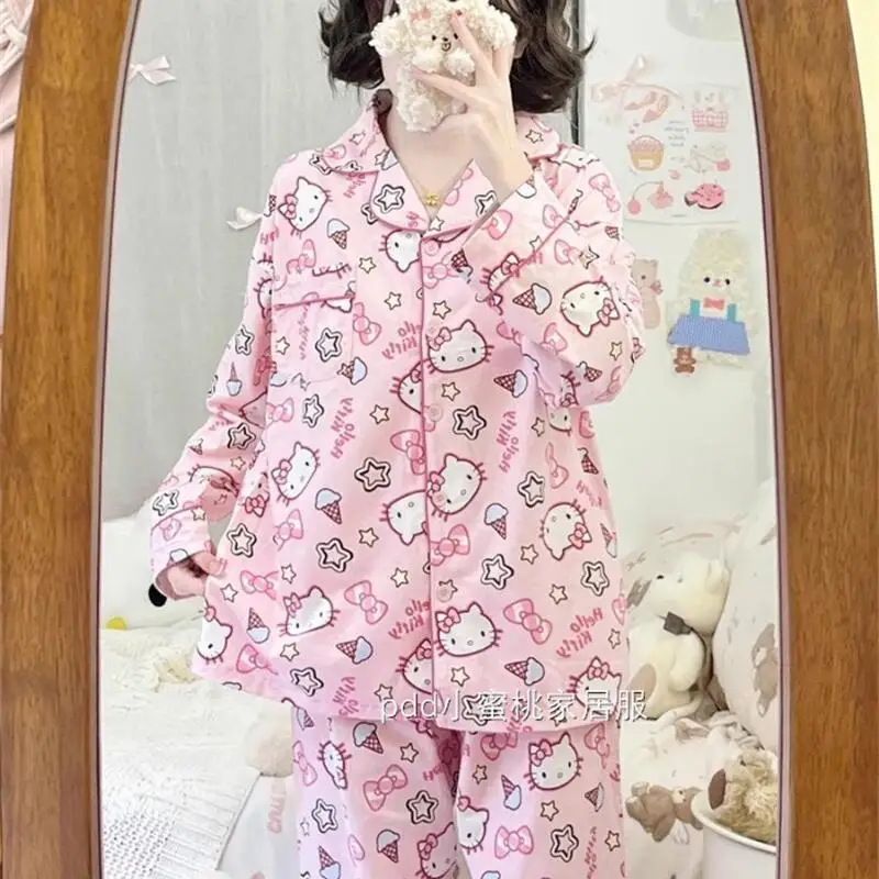 Sanrio Student Long Sleeve 2Pcs Hello Kitty Cartoon Trousers Cute Pajamas Spring and Autumn Internet Celebrity Home Clothing Set - Image 2
