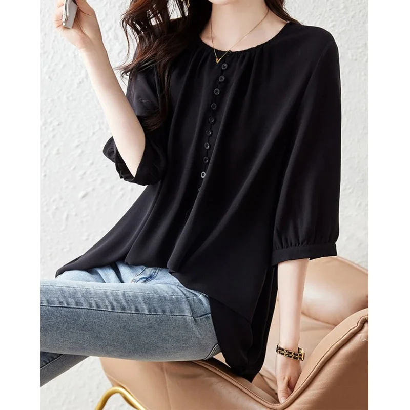 Black Button Patchwork Loose Tops Summer New Short Sleeve O-neck Solid All-match Vintage T Shirts Casual Fashion Women Clothing