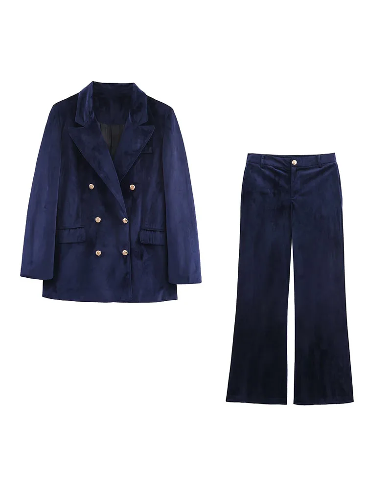 HH Women Winter New Suit Fashion Velvet Lapel Double-Breasted Long-Sleeved Suit Jacket+Formal Mid-Waist Casual Long Flared Pants