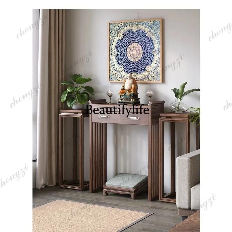 A68 Black Walnut Solid Wood Offering Table Zhongtang Buddha Statue Table Buddhist Hall God of Wealth Offering Table