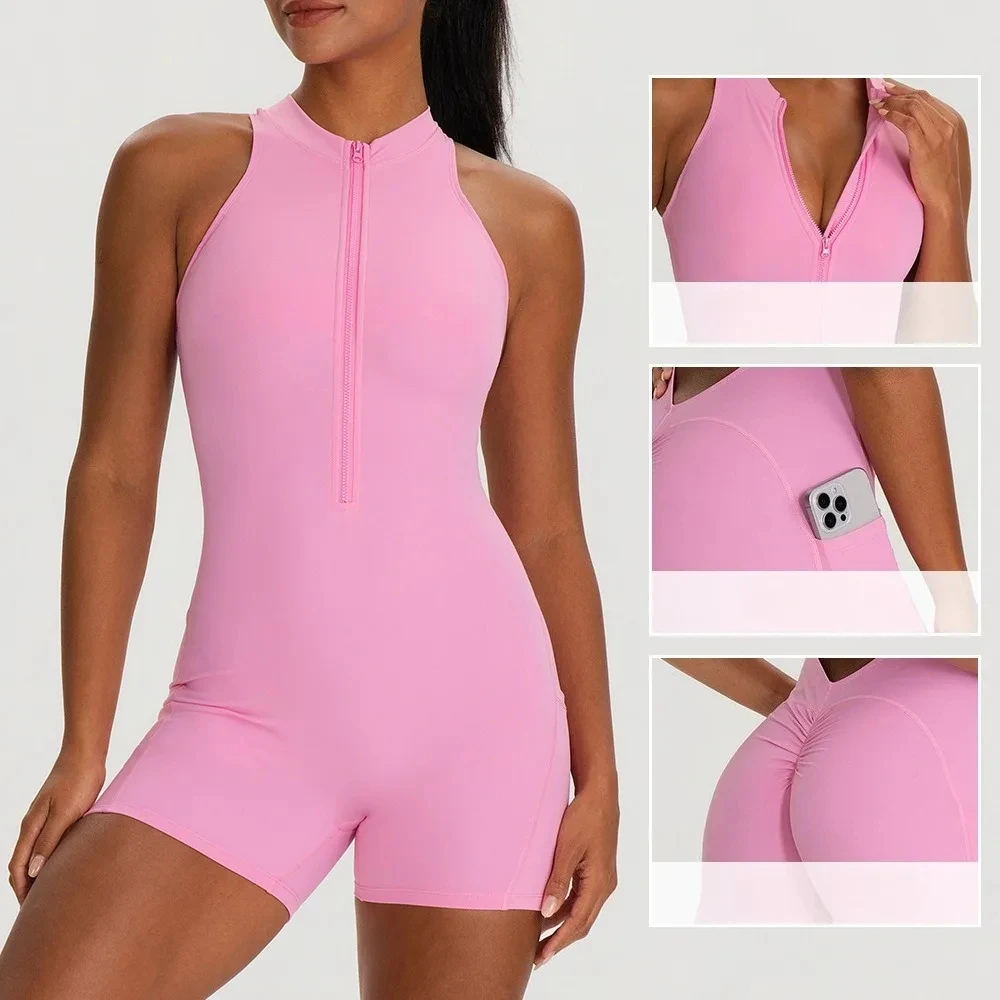 Back hollow-out tight one-piece yoga clothes with bra pads, peachy buttocks fitness one-piece pants with pockets