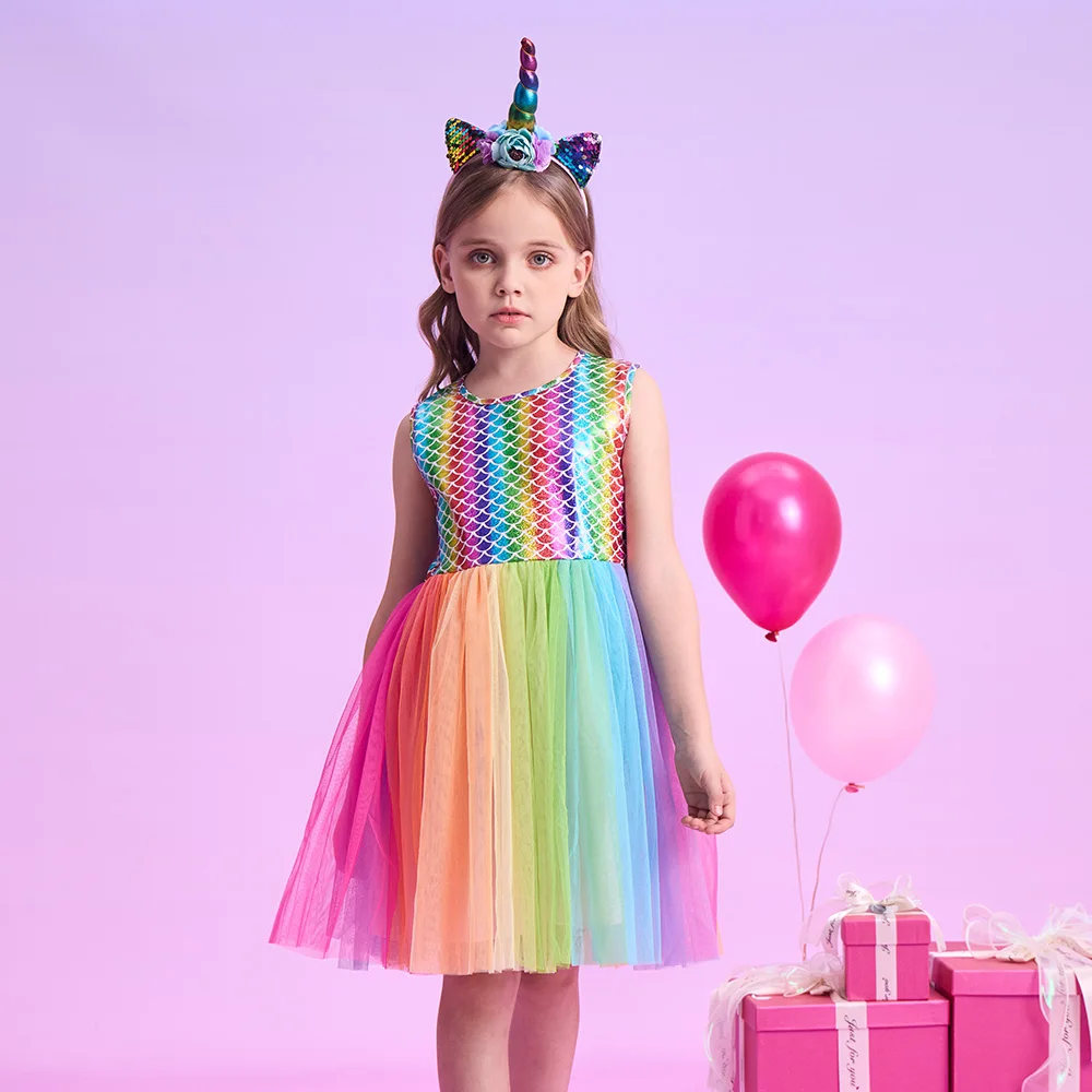 Ärmelloses Sommerkleid für Mädchen, Regenbogenfarben, bunt, Farbverlauf, Tüll, Netzstoff, Prinzessin, Geburtstagsfeier, Prinzessin, lässig, Festival-Kleider – Detail 2