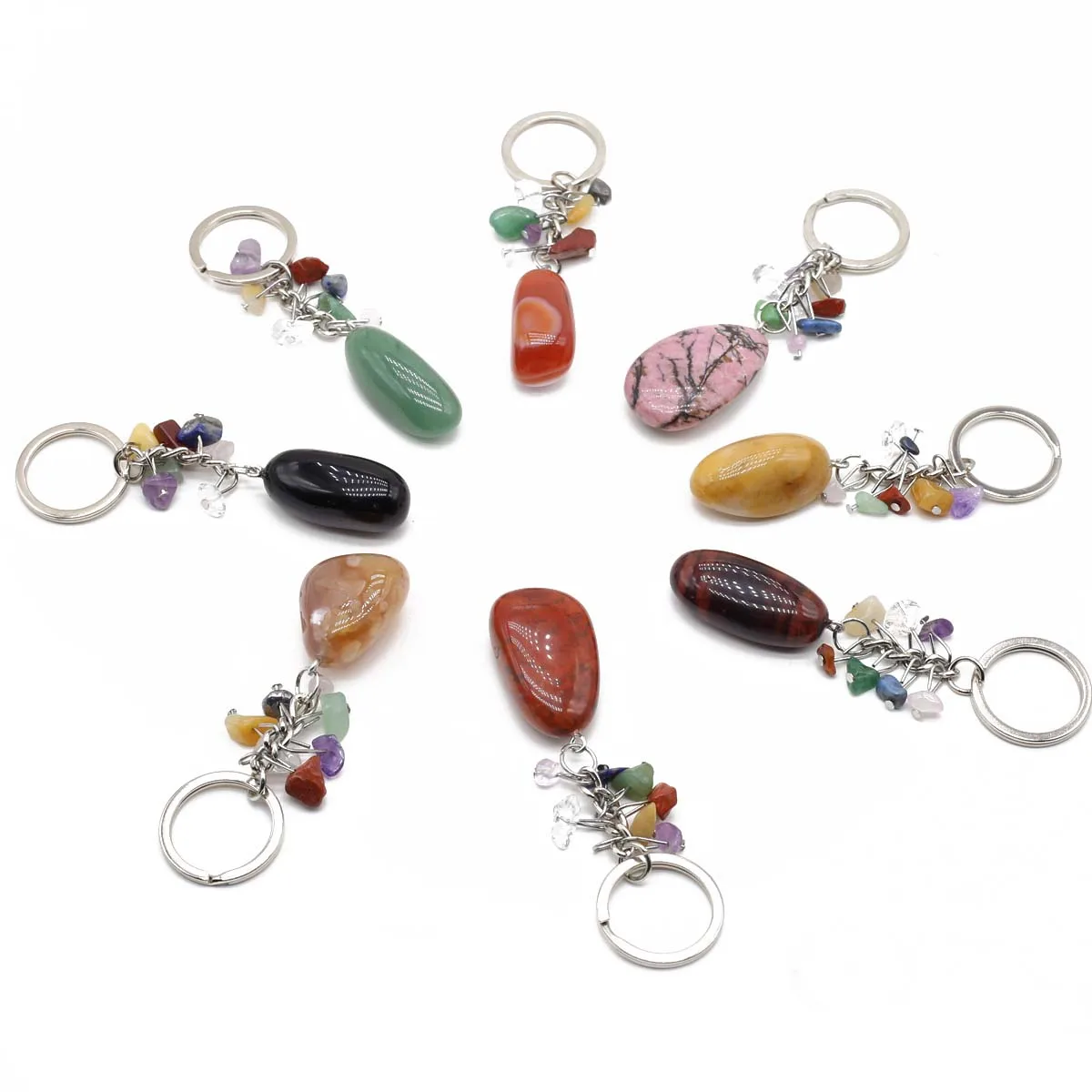 5 PCS Wholesale Natural Stone Keychain Crystals Quartz Lapis Lazuli Agate Jade Opal KeyRing Key Chain Hangle Jewelry Accessories
