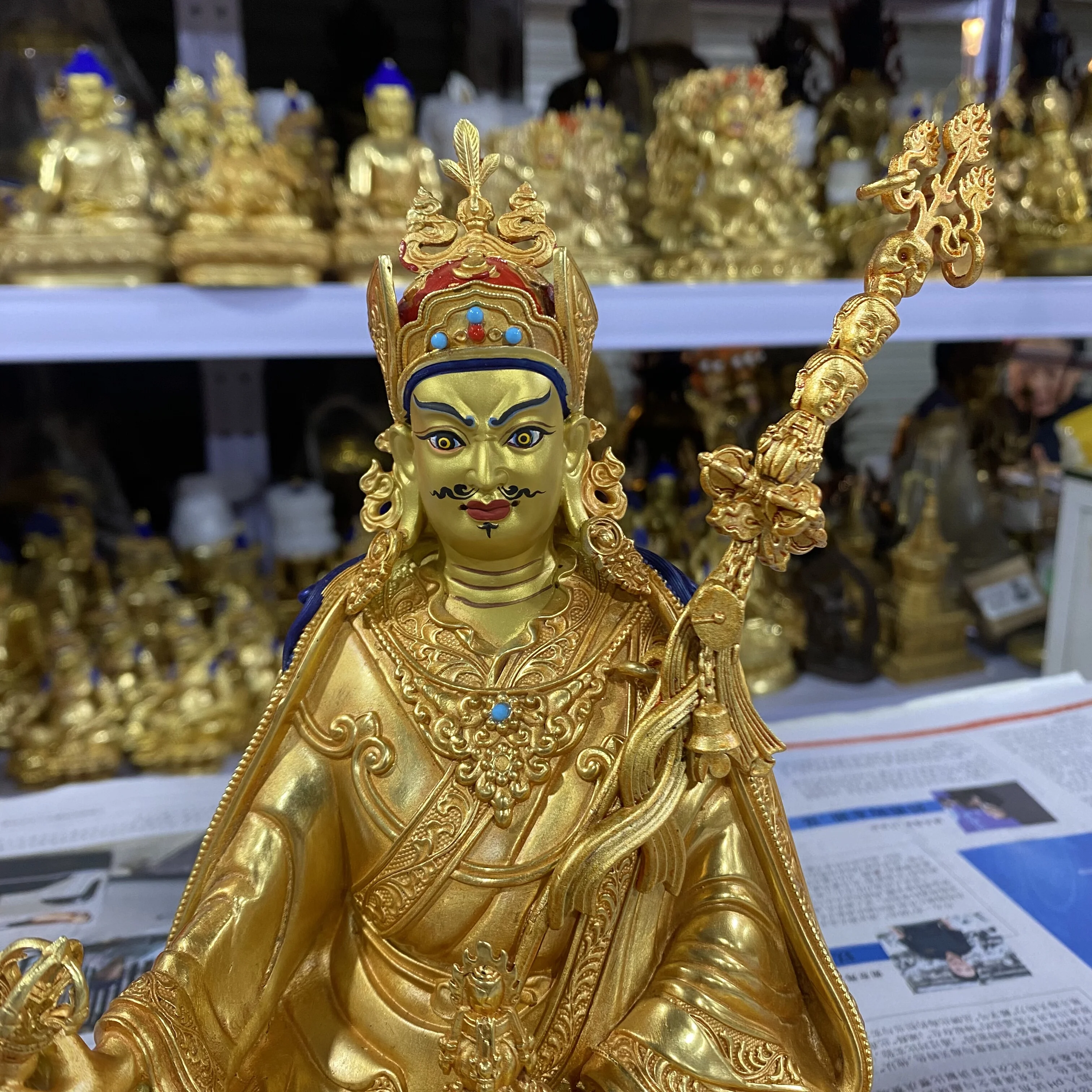 7-Inch boutique Tibetan Tantra pure copper gilt Rinpoche Guru Buddha statue ornament, home worship ornament
