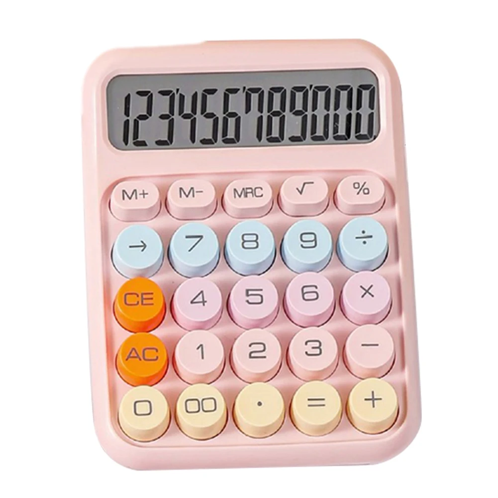 Mechanical Calculator Large LCD Display Big Round Button Cute Candy Colored Calculator Suitable for Office School Pink