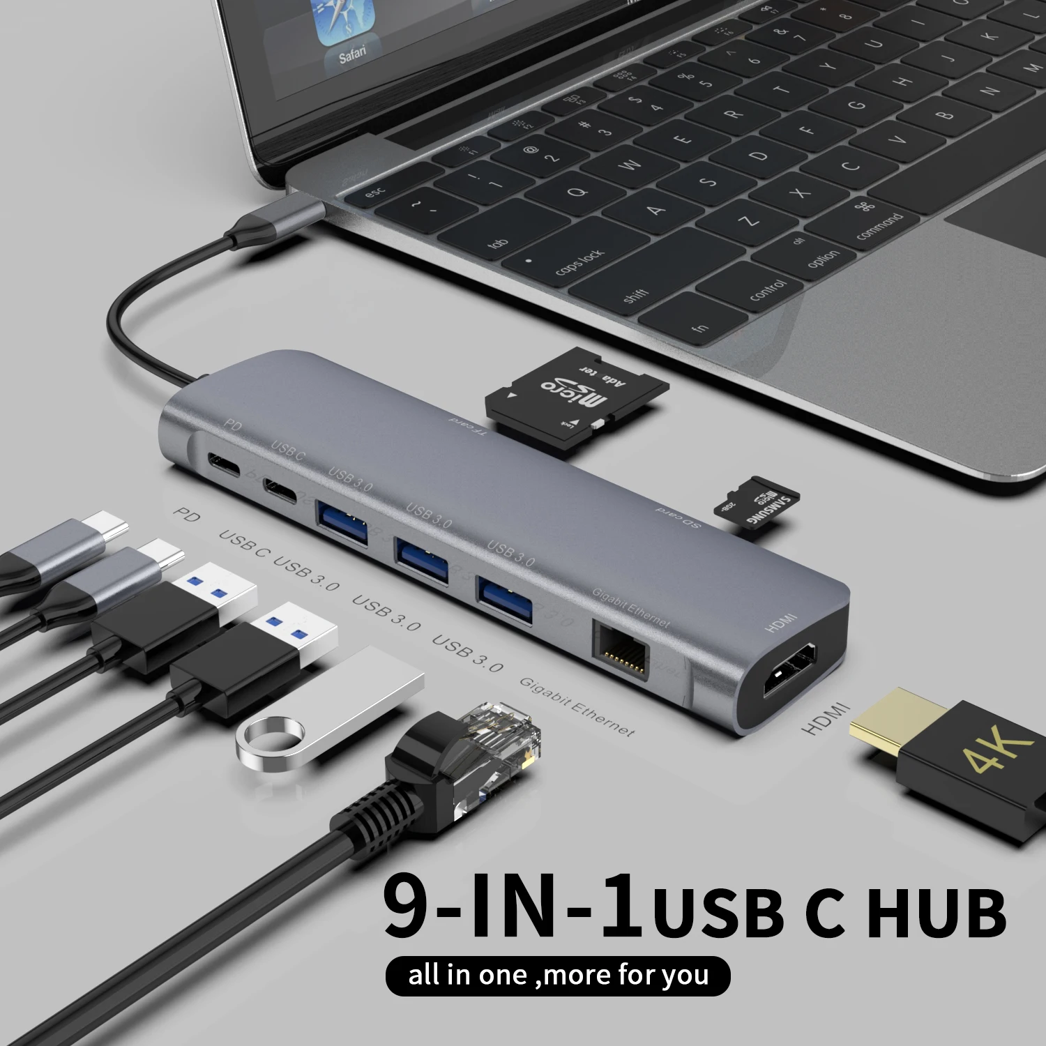 9 in 1 USB C Hub TYPE C Charging Adapter 4K 30HZ HDTV USB 3.0 USB HUB PD SD/TF Card Reader Support Laptop/computer/tablet Pc