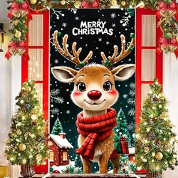 Christmas Door Cover Banner Xmas Tree Elk Flower Photography Backdrop for Indoor Outdoor Porch Yard Background Decor Supplies
