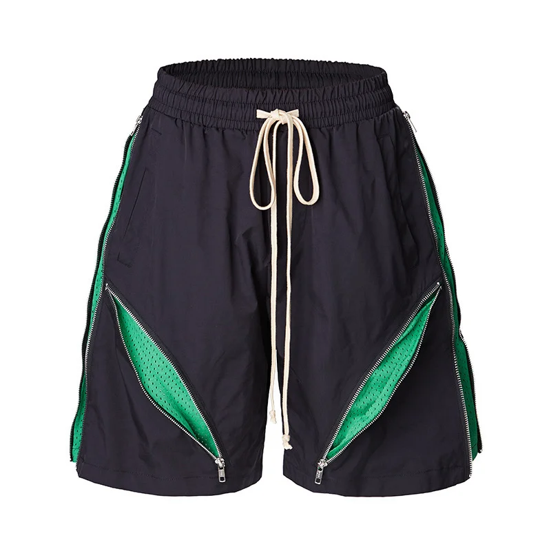 

Summer Black Nylon Zip Up baggy Shorts Mens Double Color Streetwear Multi Zipper Spliced Male