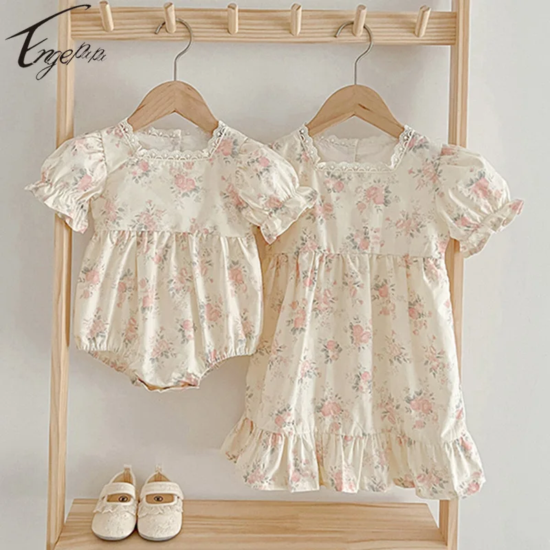 Princess Girls Sister Clothes Toddler Girls Floral Rompers Girls Short Sleeves Dress Cotton Sweet Lace Sister Summer Clothes