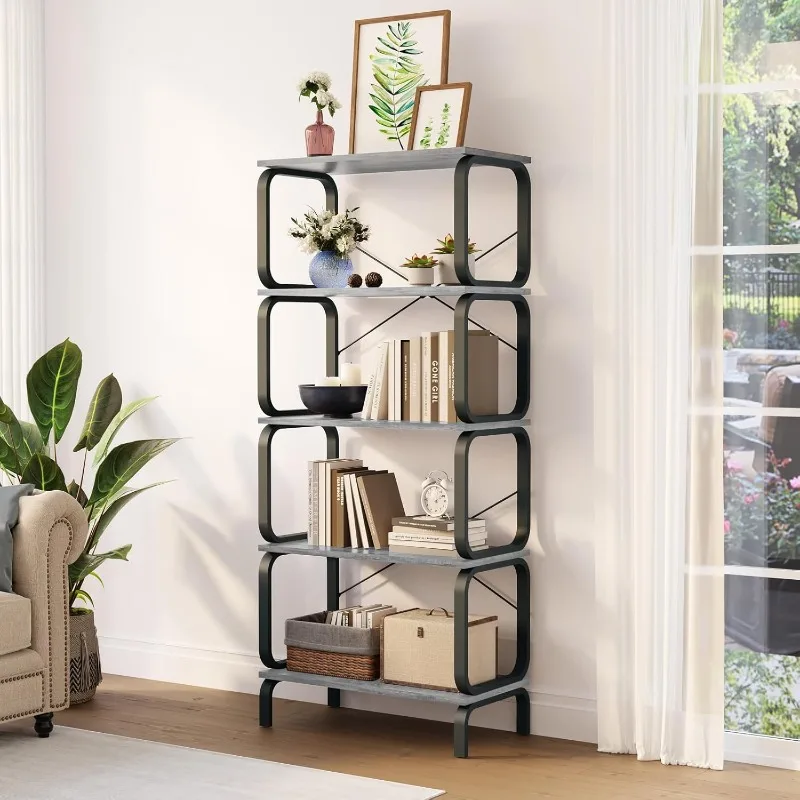 

5 Tier Bookshelf, Modern Sturdy Bookcase,Industrial Metal and Wood Shelf, Tall Free Standing Book Shelf for Living Room