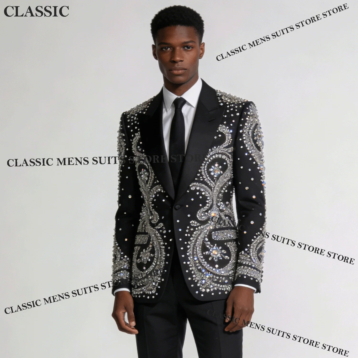 

Luxury Customized Tuxedos Men Suits Sparkling Diamond Decoration Peaked Lapel Groom 2 Pieces Set Wedding Male Prom Blazers suit