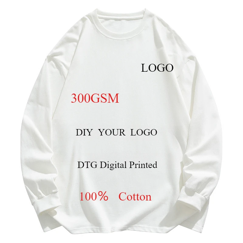 Customized Logo 300G Heavyweight Cotton Spring Mens T-shirts High Quality Male Loose Casual Long Sleeve T-shirts Men Clothing