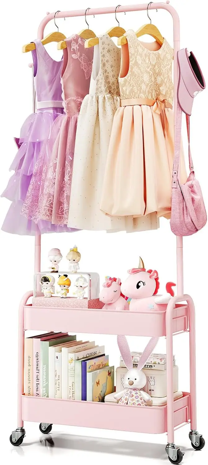 

Kids Rolling Clothes Rack with Wheels and Baskets, Pink Storage for Children's Wardrobe