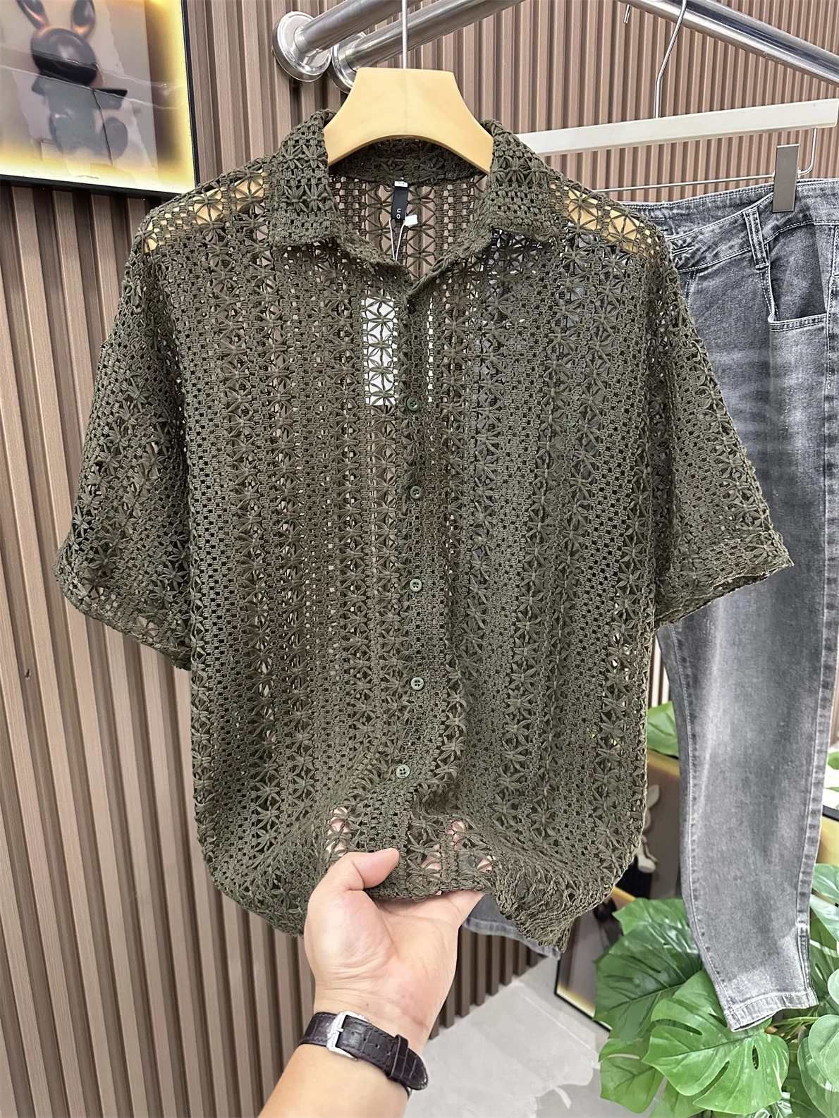 

Men's Fashionable Casual Short Sleeve Shirt Hollow out Collar Summer New Arrival Breathable Polyester Fiber Loose Fit Shirt