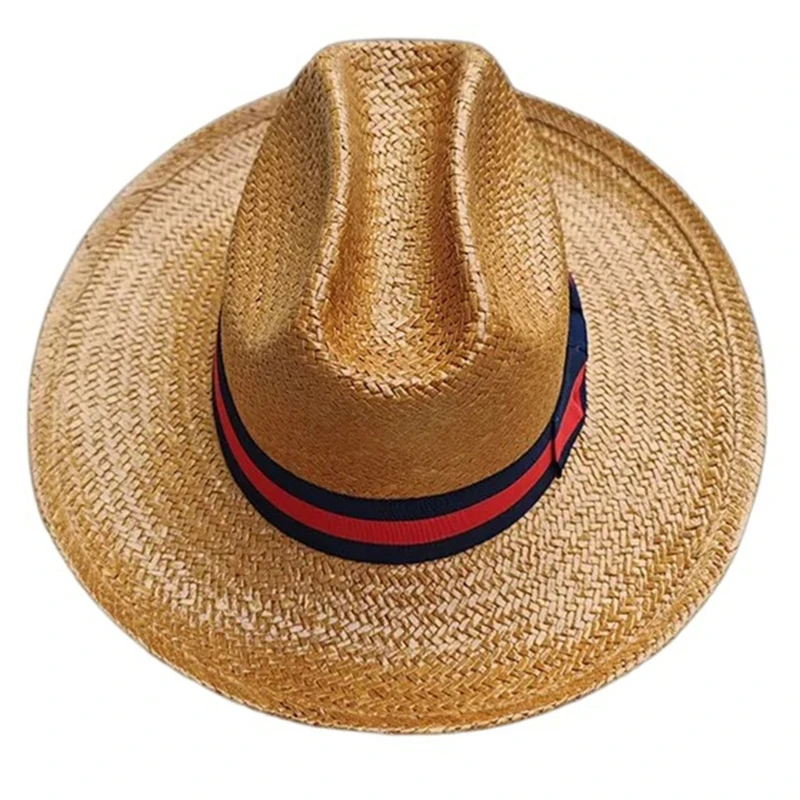 Handwoven Straw Hat for Women Cowboy Hat with WovenBelt Elegant Panamas Hat Girl Fashion Cowgirl Hat for Seasides Travel