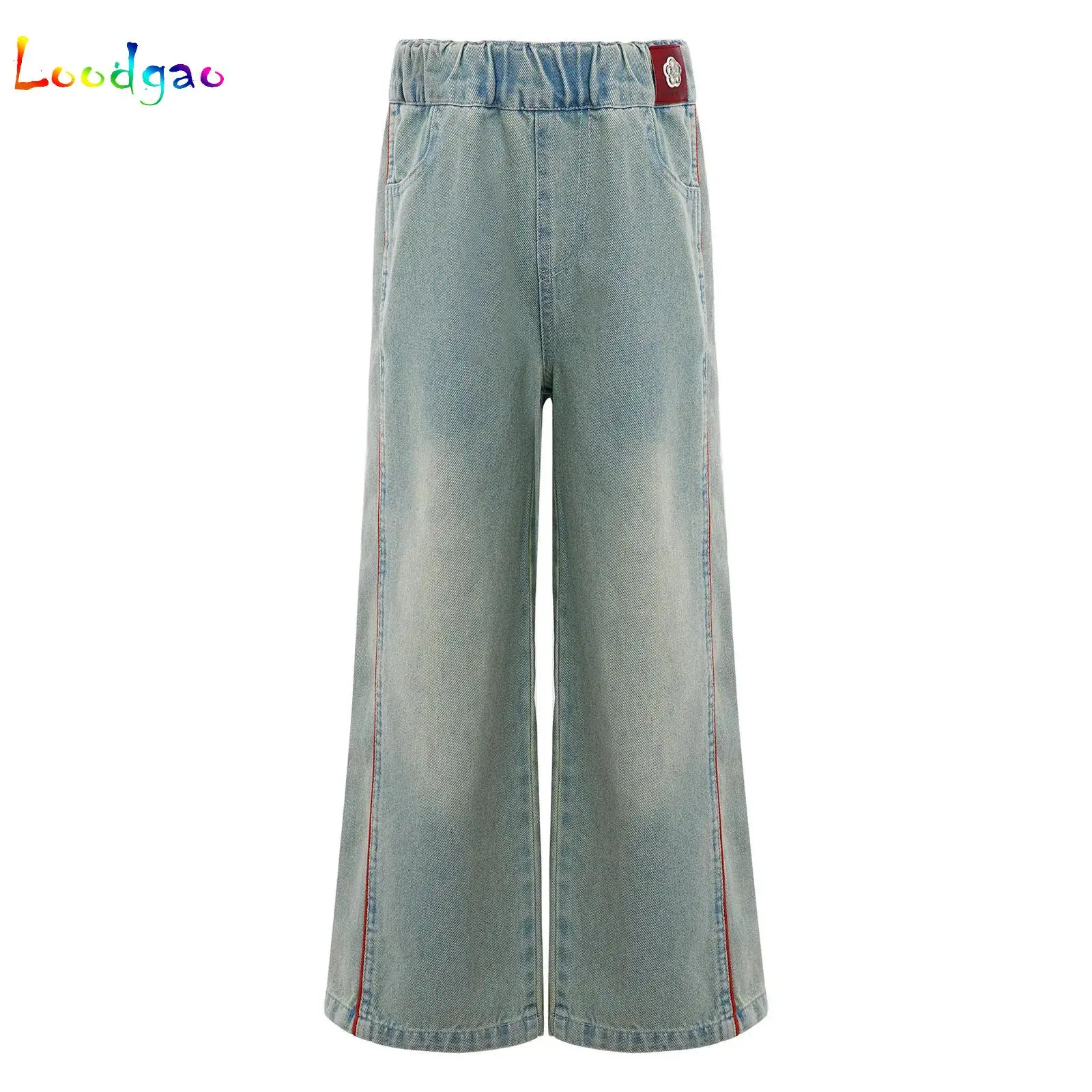 

Kids Girls Lace/Contrasting Trim Jeans Fashion Elastic Waist Denim Wide Leg Pants Junior Kids Casual Clothes Streetwear