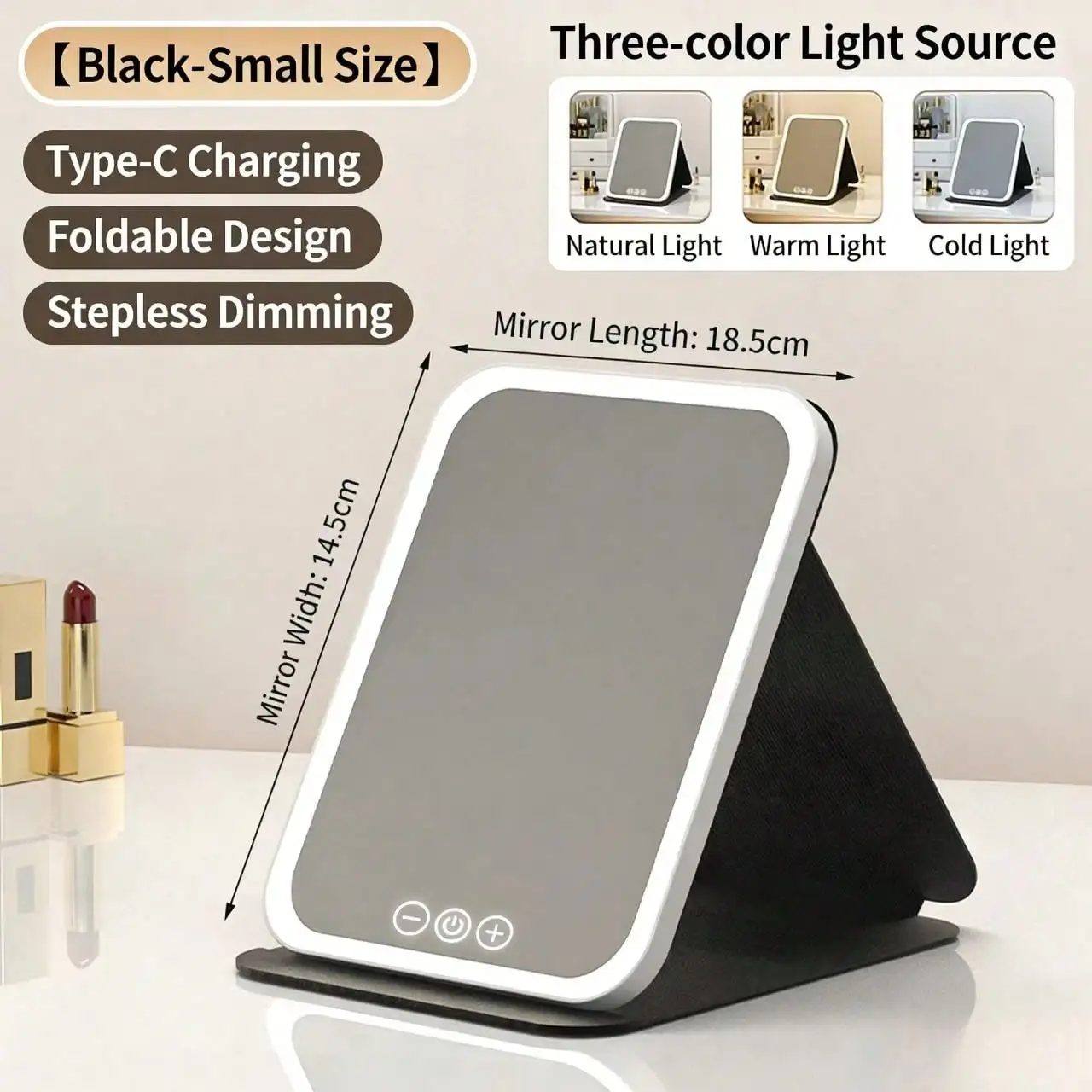 

Foldable LED makeup mirror with fill light. Desktop placement, great for dorms and offices.