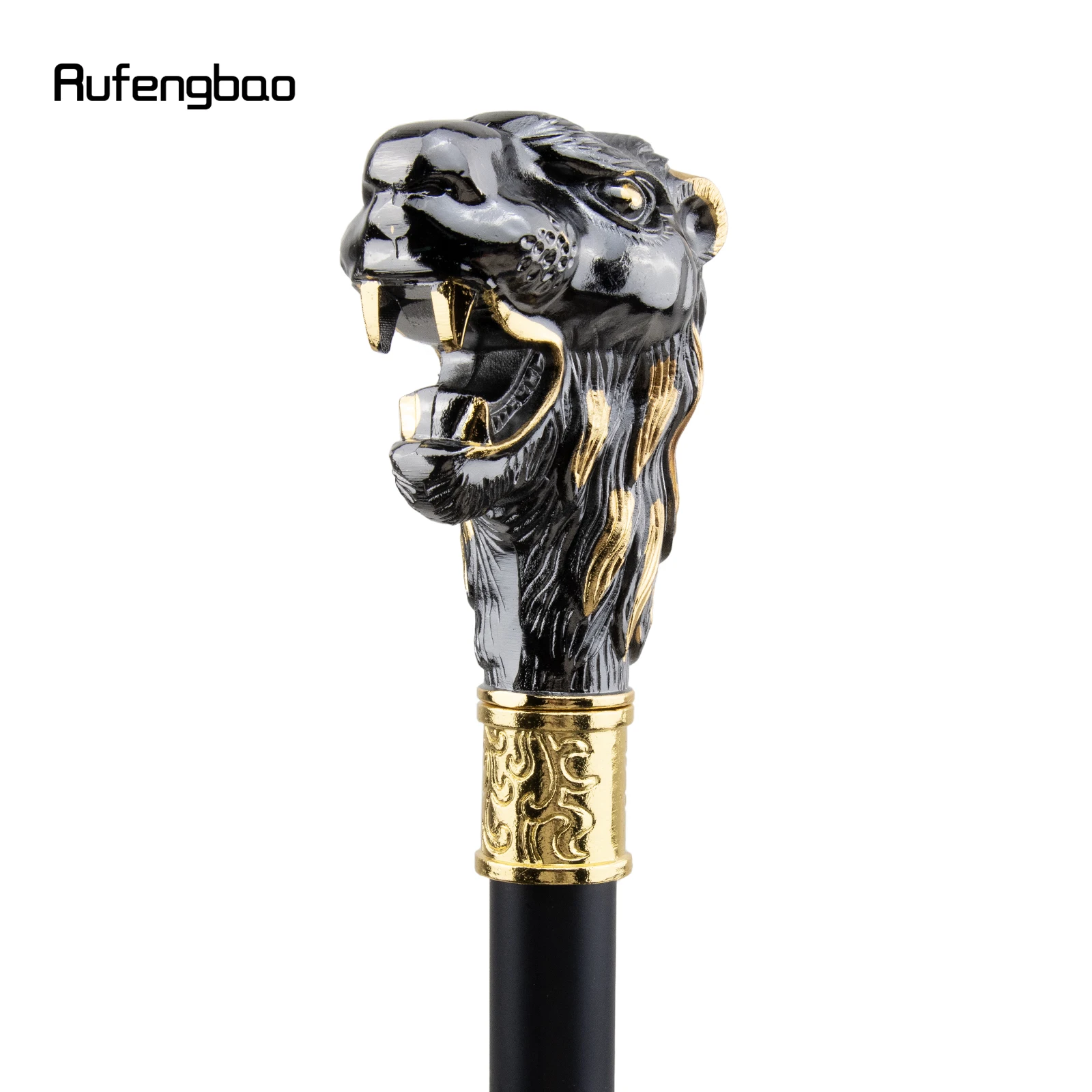 Golden Black Lion Head with Mustache Single Joint Walking Stick with Hidden Plate Self Defense Fashion Cane Plate Crosier 93cm