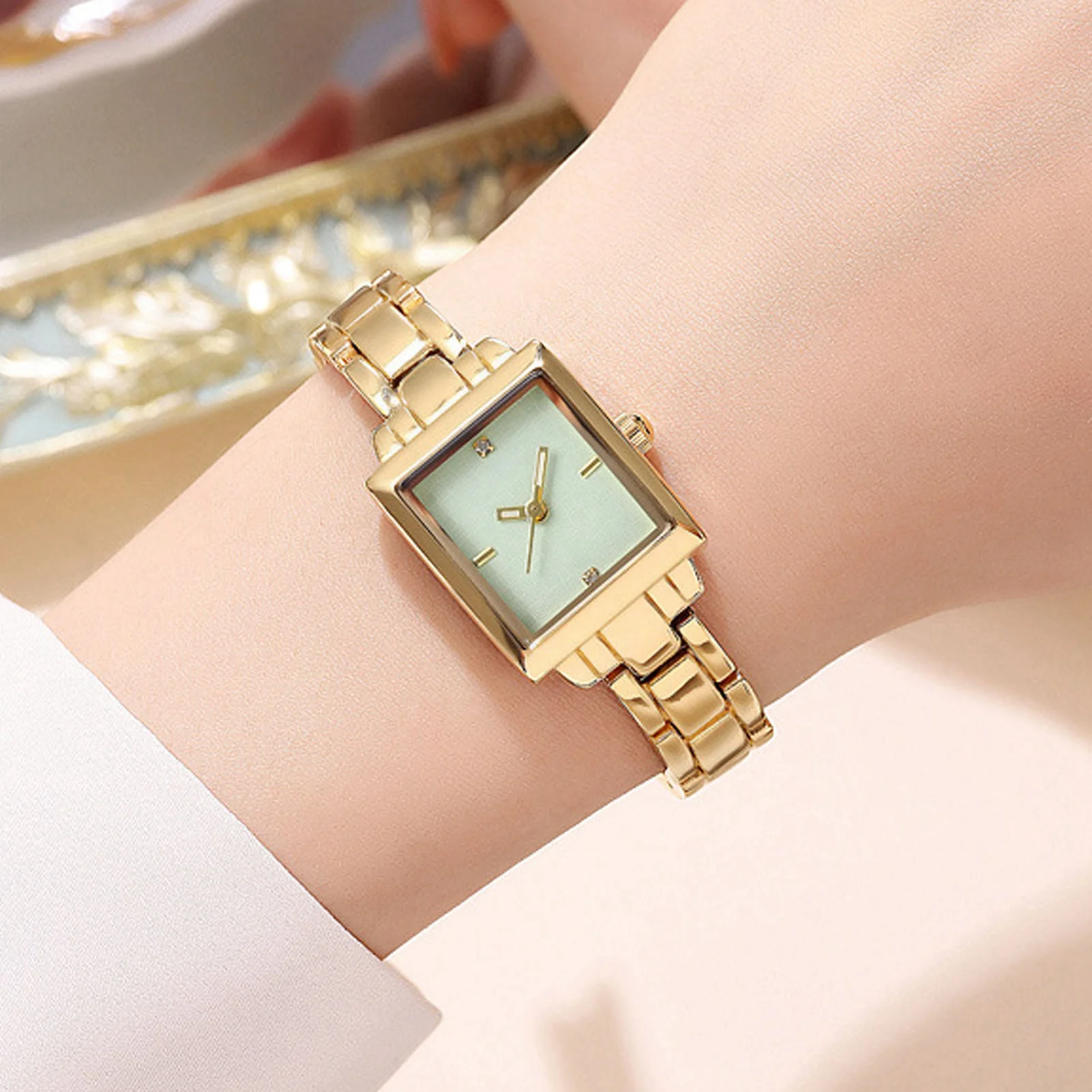 Women Stainless Steel Wristwatch Stylish Rhinestone Rectangular Quartz Stainless Steel Watch Water Proof 30m for Daily Use