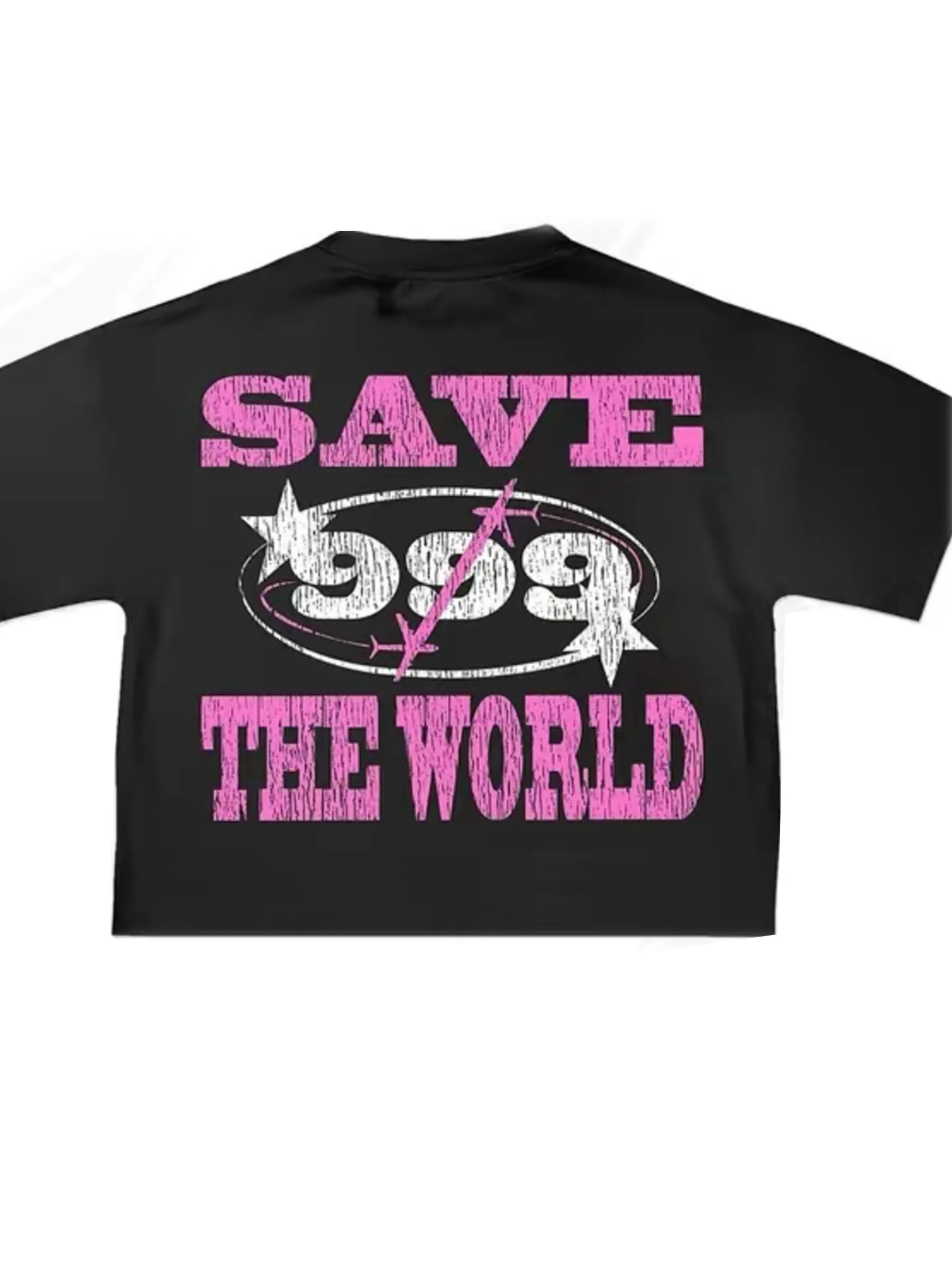 تي شيرت رجالي بنمط Y2K - Savage Save The World Design باللونين الأسود والوردي على طراز الشارع القوطي الشرير بأكمام قصيرة