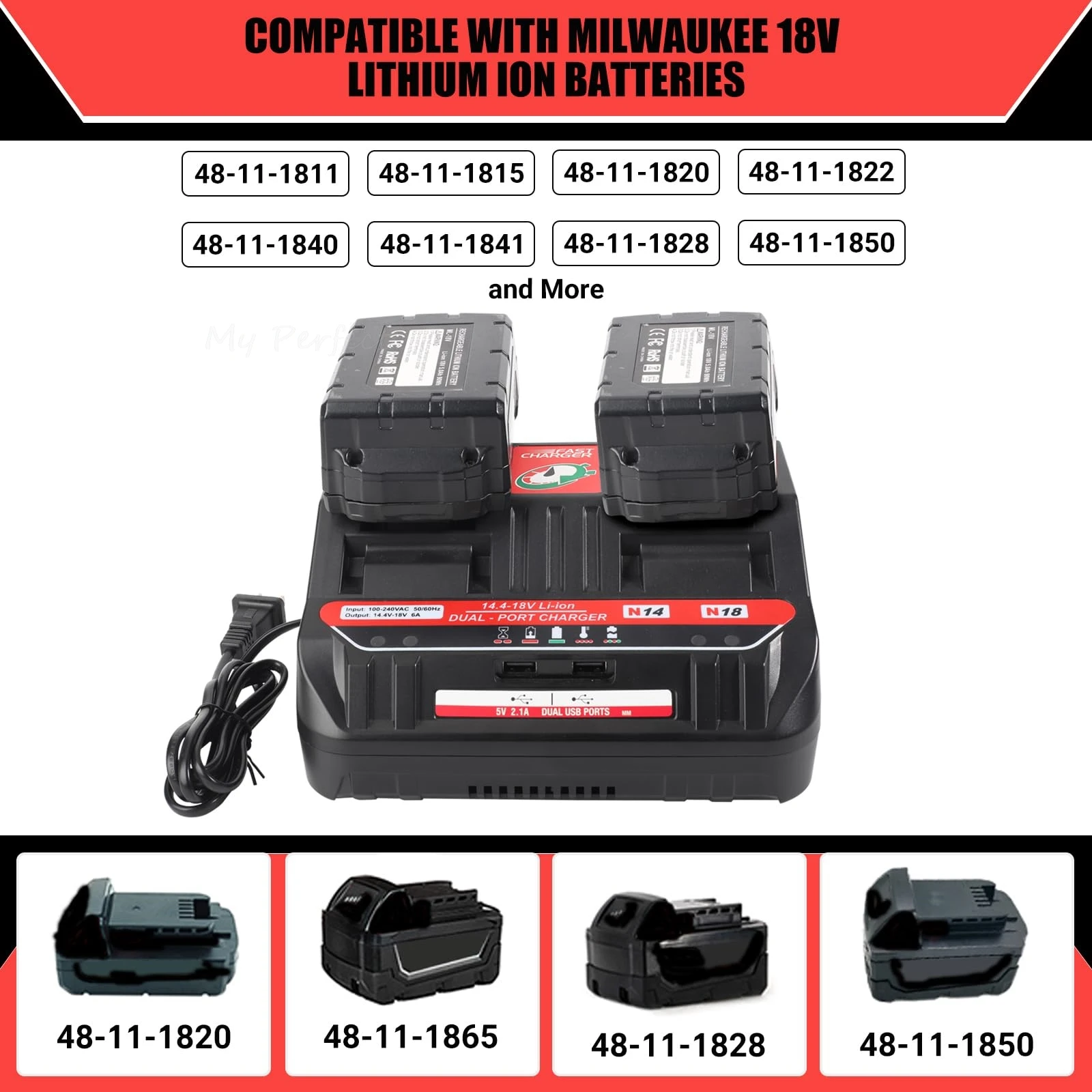 

2-Ports Battery Charger Station Compatible with Milwaukee 18V Lithium Battery 6A Rapid Battery Charger 160W with 2 USB-A Ports