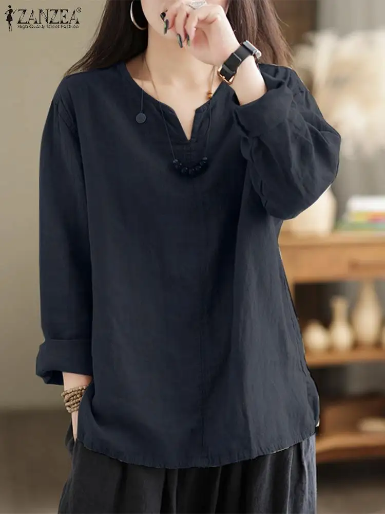 Vintage Women Blouse Autumn Long Sleeve Shirt Female V Neck Work Holiday Blusas ZANZEA Casual Solid Loose Shirt Cotton Chemise