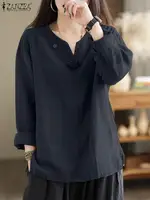 Vintage Women Blouse Autumn Long Sleeve Shirt Female V Neck Work Holiday Blusas ZANZEA Casual Solid Loose Shirt Cotton Chemise - Image 3