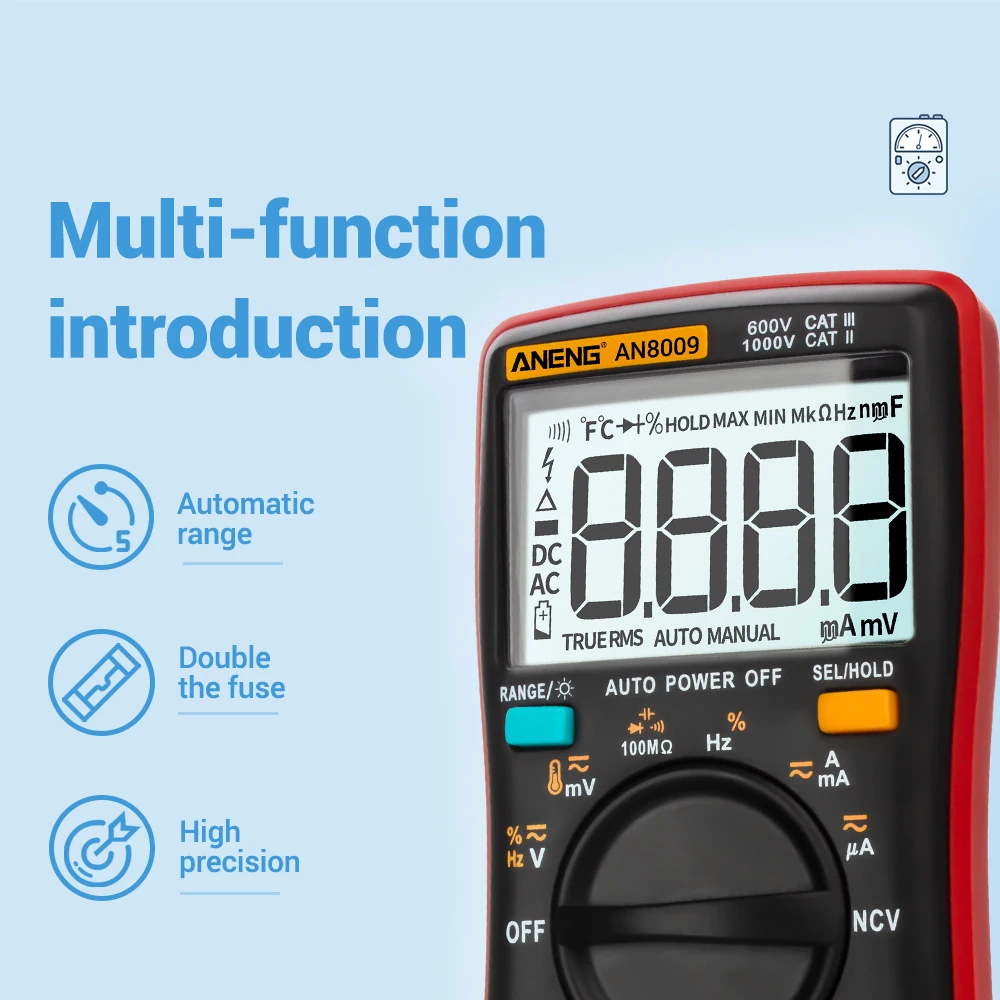 AN8008 Digitale Multimeter 9999 Telt Met Achtergrondverlichting AC/DC 1000V10A Ampèremeter Voltmeter Ohm Multi Meter Auto Range Tester