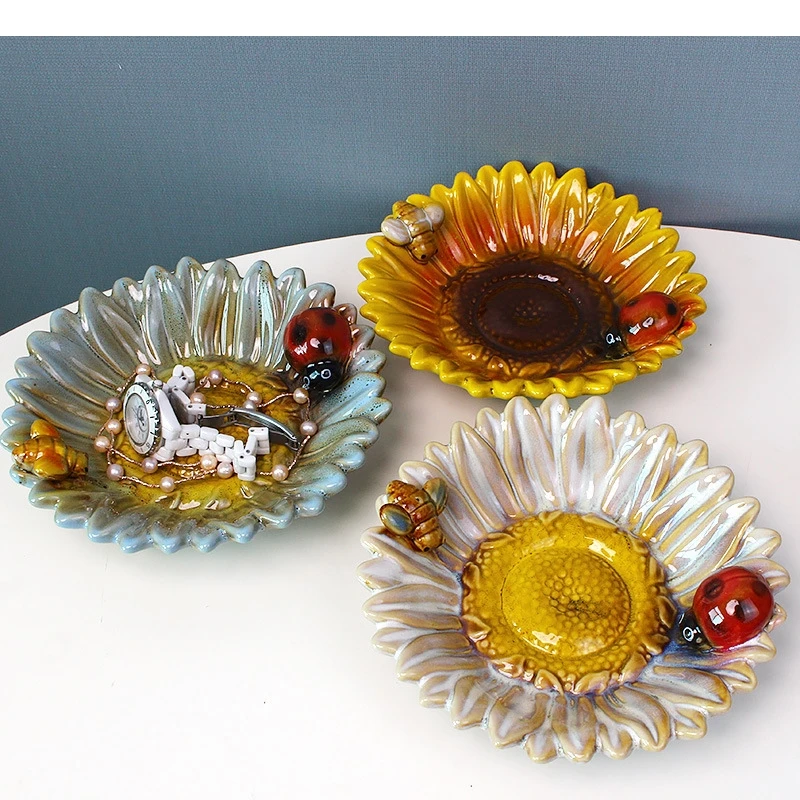 Sunflower Shape Storage Tray Ceramic Crafts Living Room Desktop Candy Jewelry Home Decoration Art