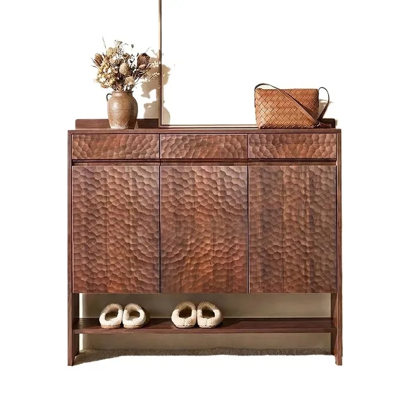 

North American black walnut new Chinese solid wood shoe cabinet entry porch cabinet living room engraving large-capacity