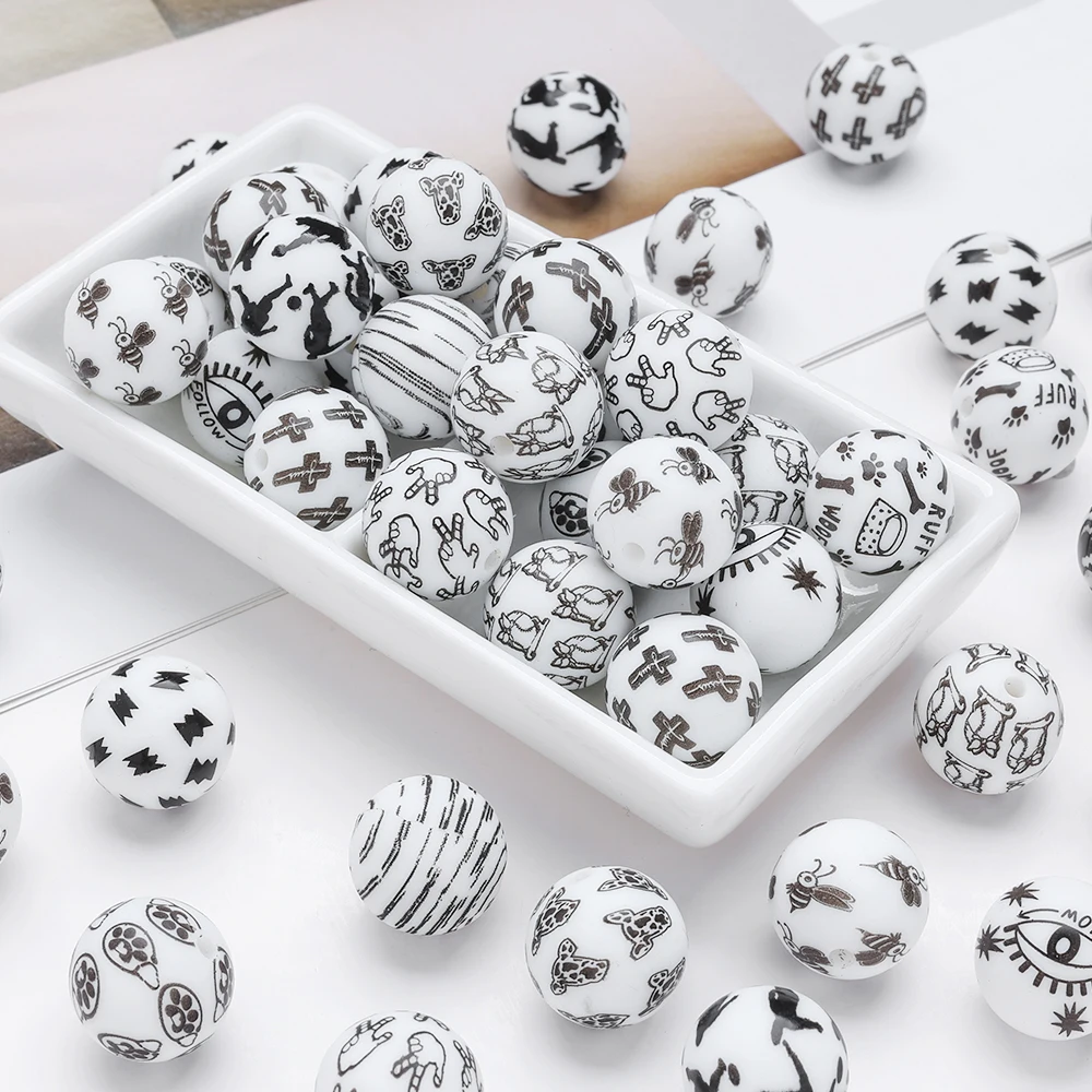 10Pcs Black&White Printed Silicone Beads Food Grade Teething Chew Beads DIY Baby Bracelet Pacifier Chain Making  Accessories view 5