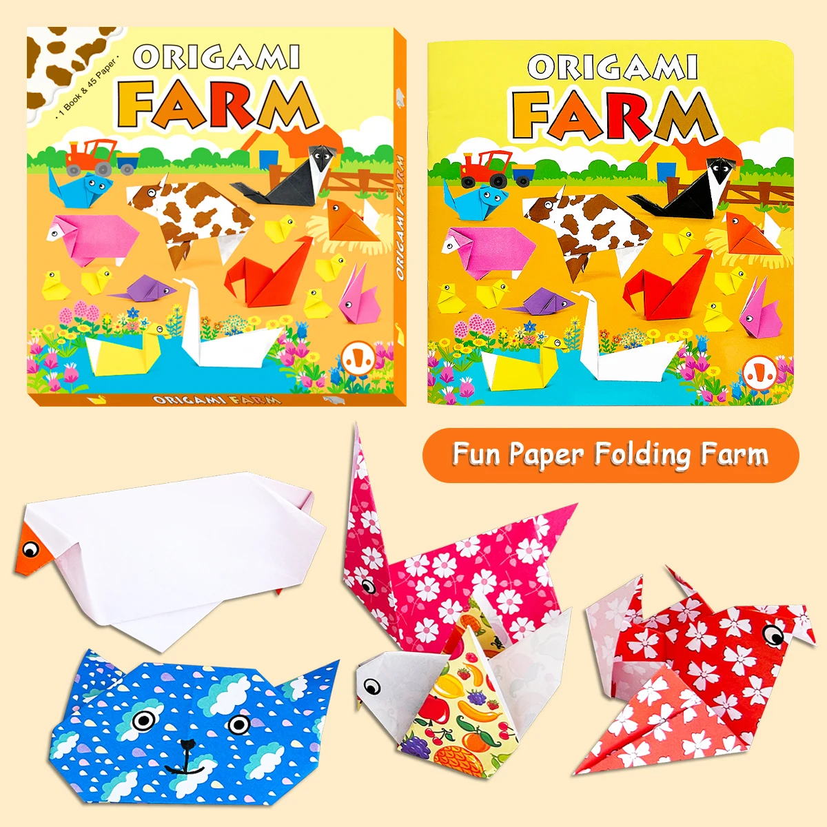 Children's Origami Farm Toolkit - 1 book + 40 Paper DIY Origami Craft Set, Early learning of children's handicraft art supplies