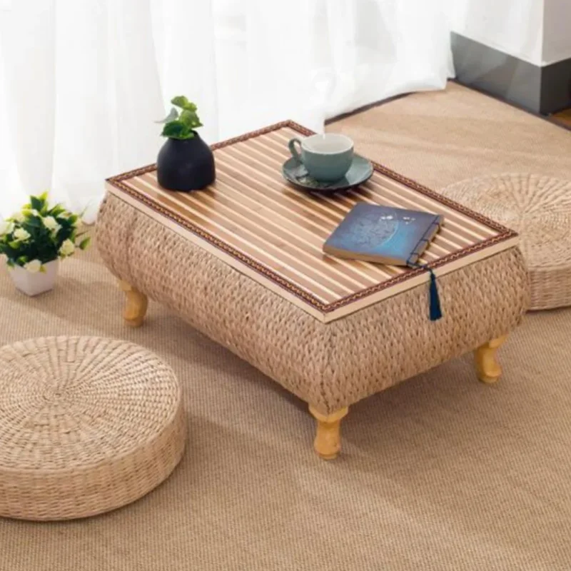 Japanese Rattan Tatami Table Balcony Bay Window Small End Table Low Coffee Table Bedroom Floor Square Table Futon Cushion