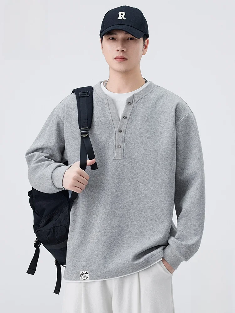 

PaulFrank Loose Fit Henry Collar Sweatirt Men's Autumn Casual Spor Overhead Top Comfortable Cotton Polyester Blend