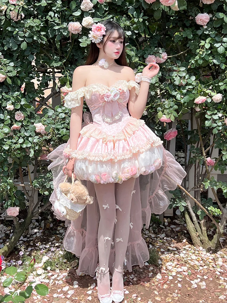 

Super Fairy Princess Romantic Girl Pure Desire Vacation Bud Dress Sweet Lace Big Bow Trailing Birthday Party Lolita Dress Women