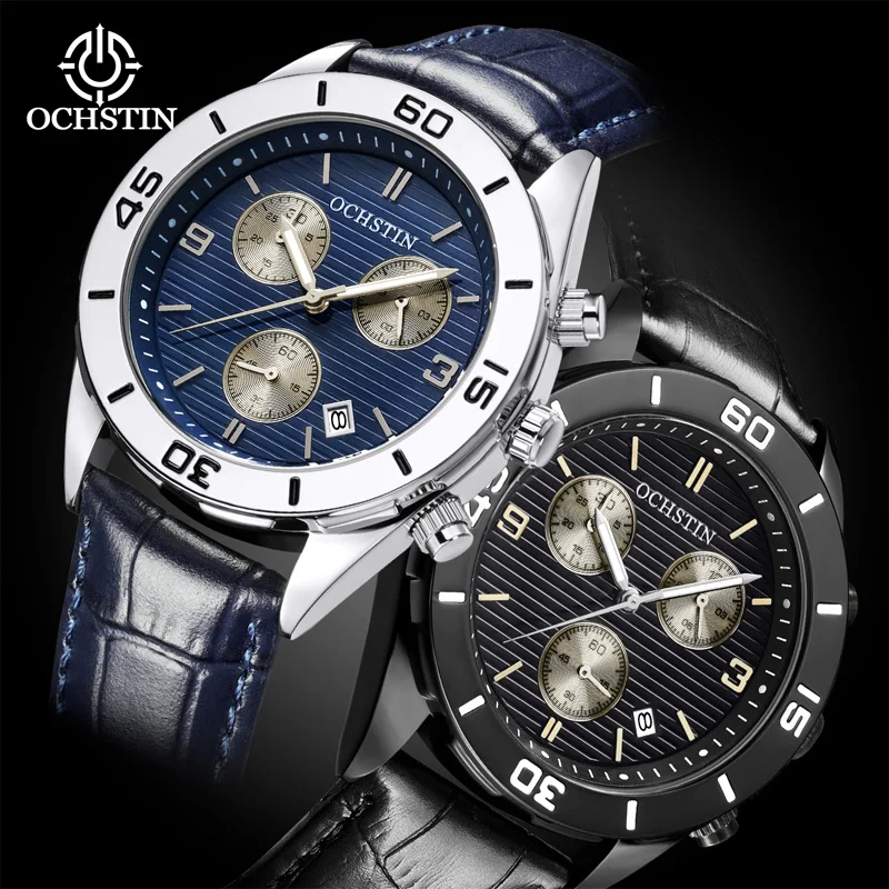 OCHSTIN Men\'s Watches Top Brand Sport Men Wrist Watch Leather Quartz Watch Sports Waterproof Male Clock Chronograph Function