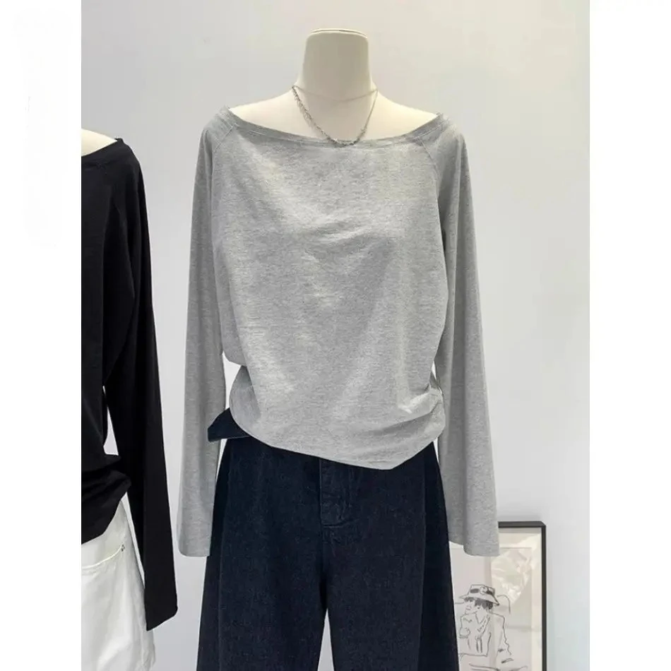 

Knit Asymmetric Shoulder Tops Women Casual Slim Fit Long Sleeve Shirt ZT74