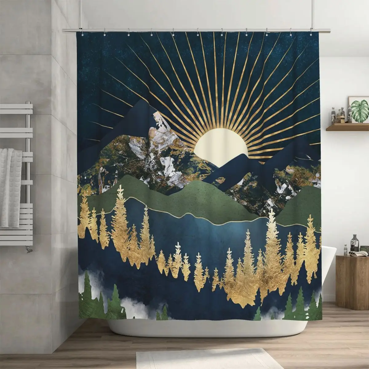 

Занавеска для душа «Полуночные горы» из полиэстера, водонепроницаемая, с крючками