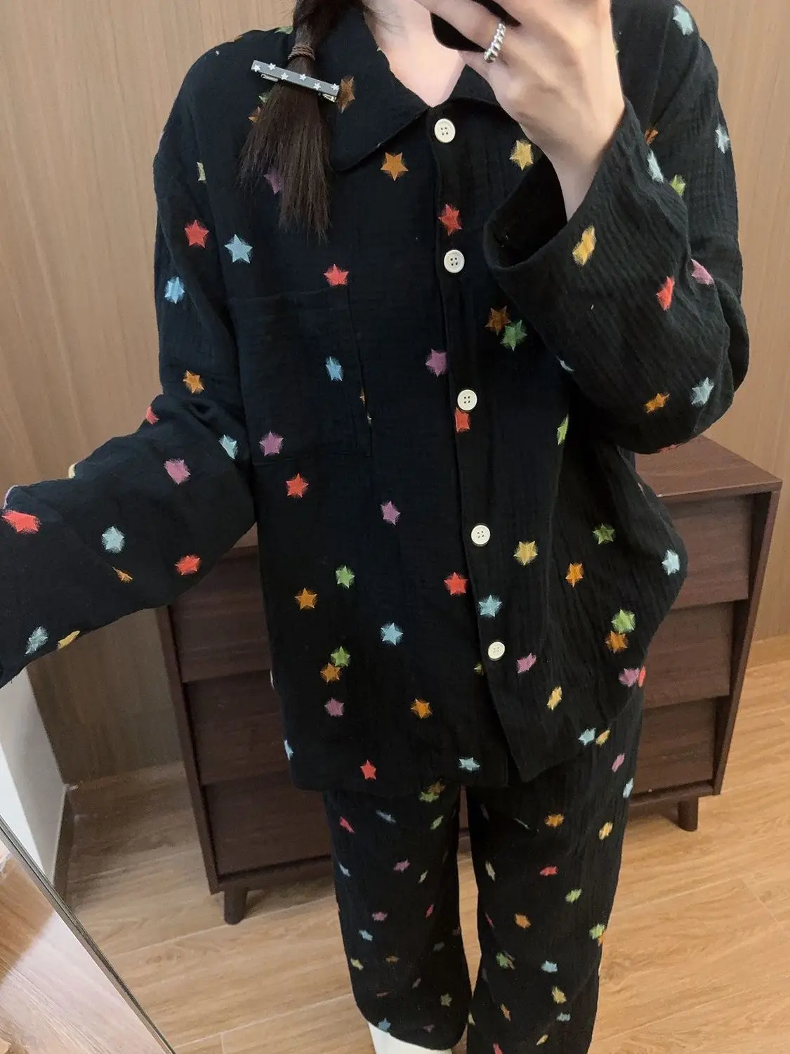 Japanese Cartoon Star Sleepwear for Women, Loose Fitting, Suitable for Outdoor Wear In Spring and Autumn, Couple's Long Sleeved
