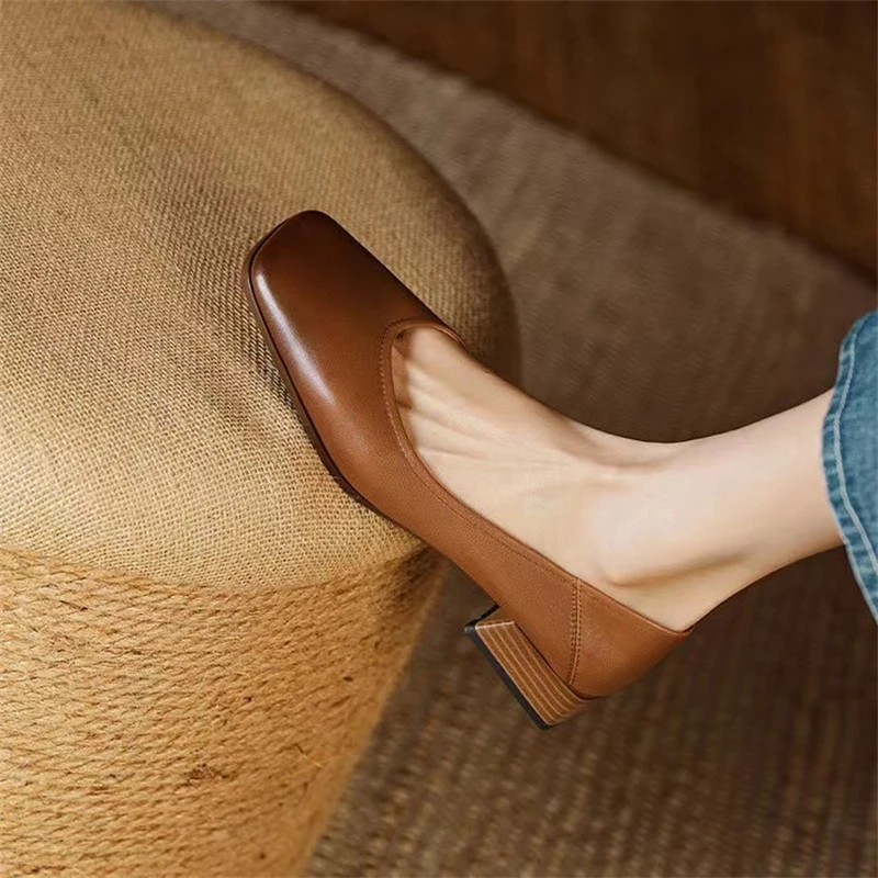 Autumn Woman Elegant Square Toe Concise Shoe 4CM High Heels Female Shallow Mouth Mary Jane Shoes Brown Women Comfortable Loafers